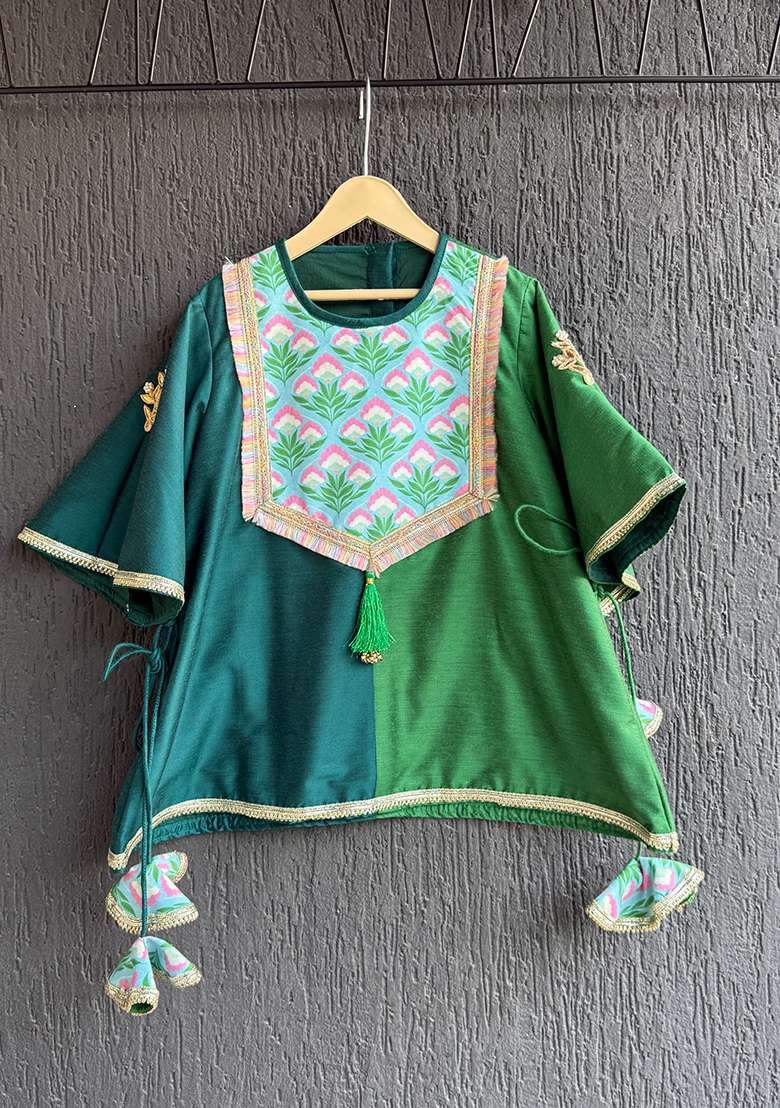 Green Printed Cotton Kurta Set For Girls - Indya