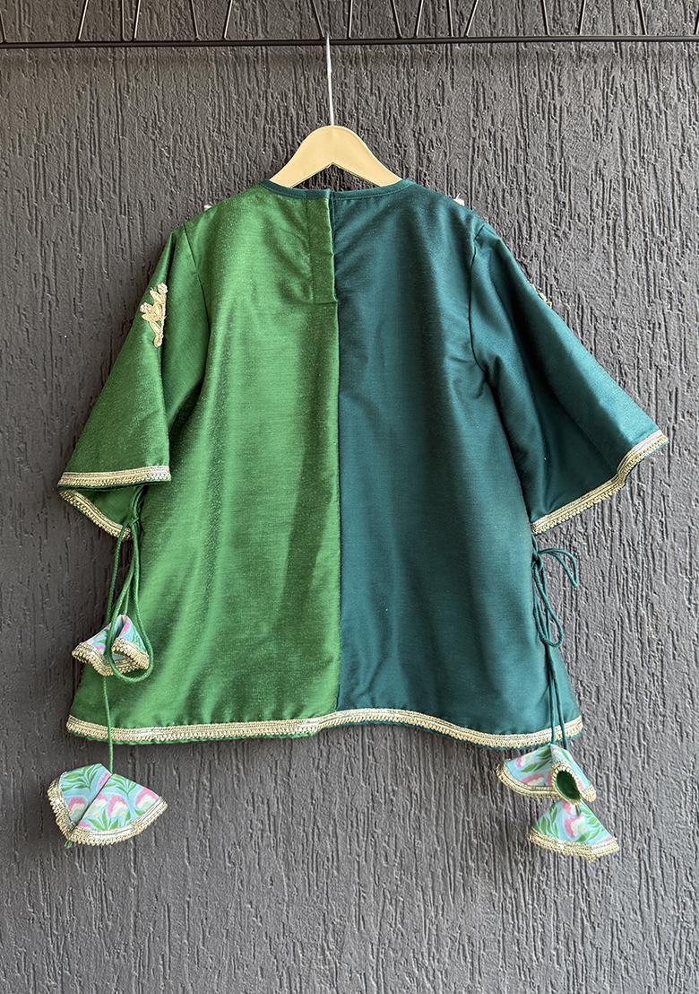 Green Printed Cotton Kurta Set For Girls - Indya