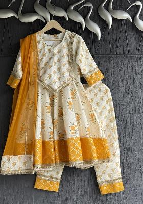Rose Printed Cotton Kurta Set For Girls