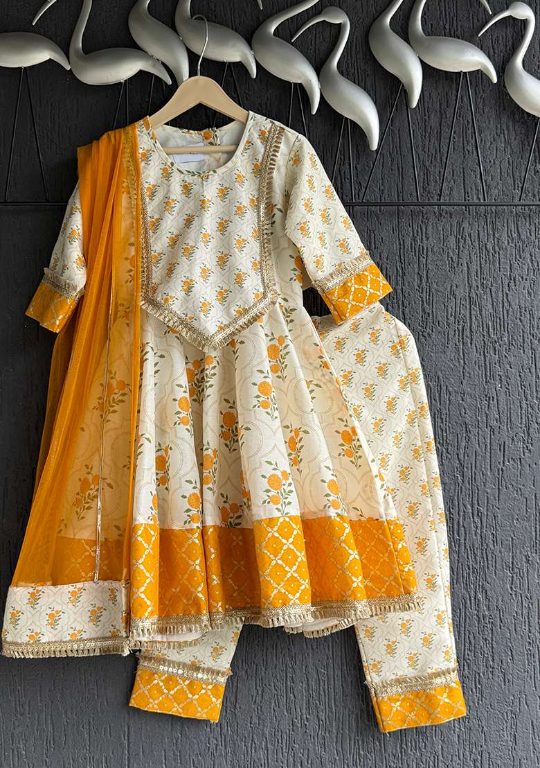 Rose Printed Cotton Kurta Set For Girls - Indya