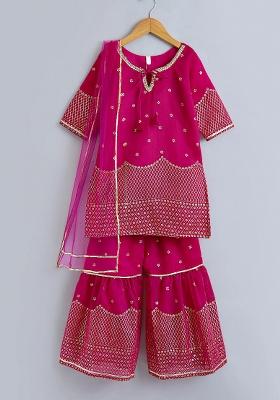 Fuchsia Embellished Blended Kurta Set For Girls