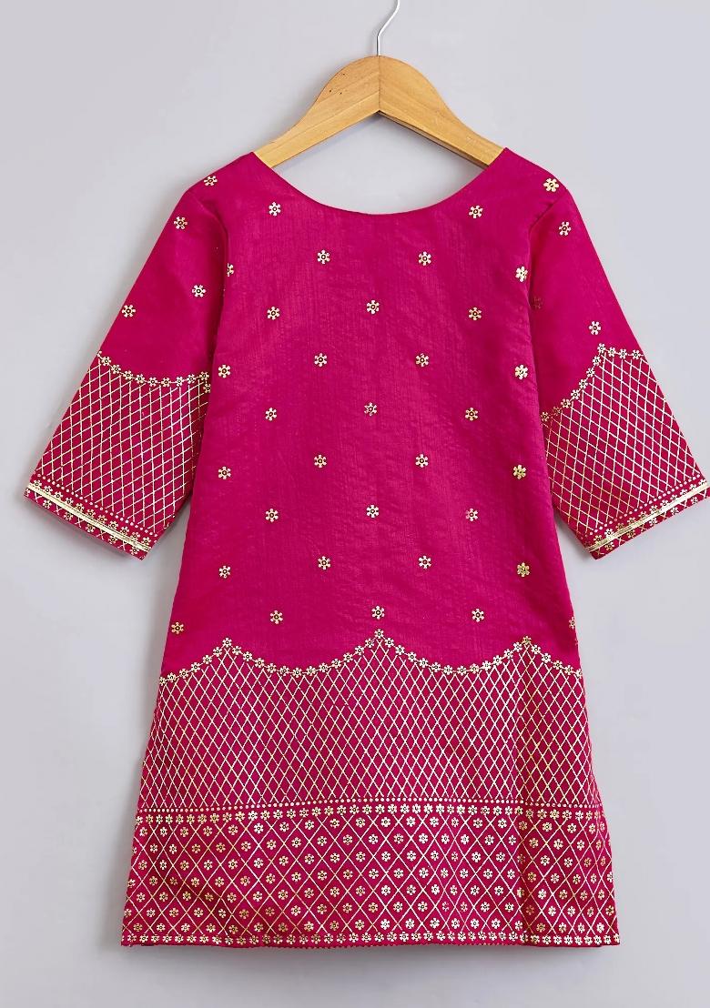 Fuchsia Embellished Blended Kurta Set For Girls - Indya