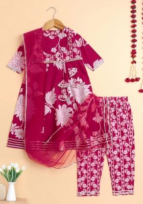 Fuchsia Embellished Cotton Kurta Set For Girls