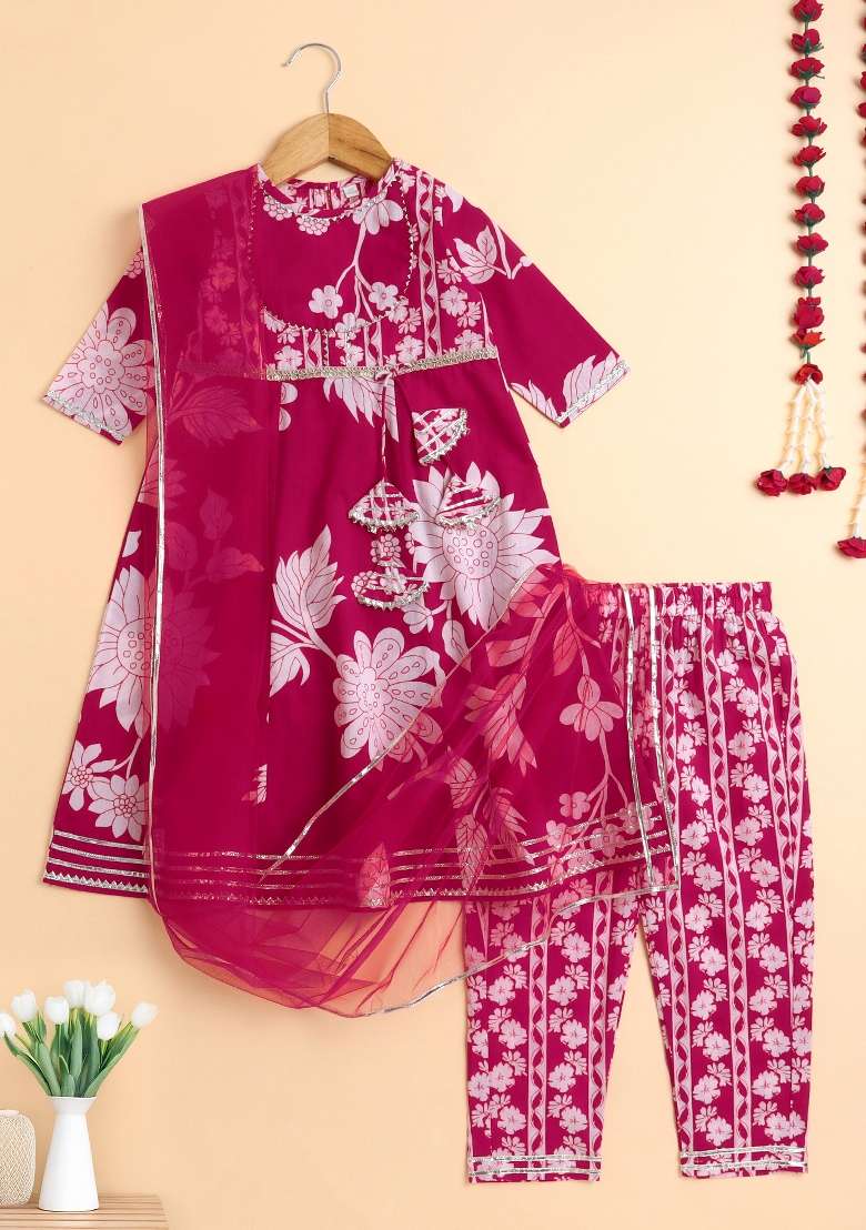 Fuchsia Embellished Cotton Kurta Set For Girls - Indya