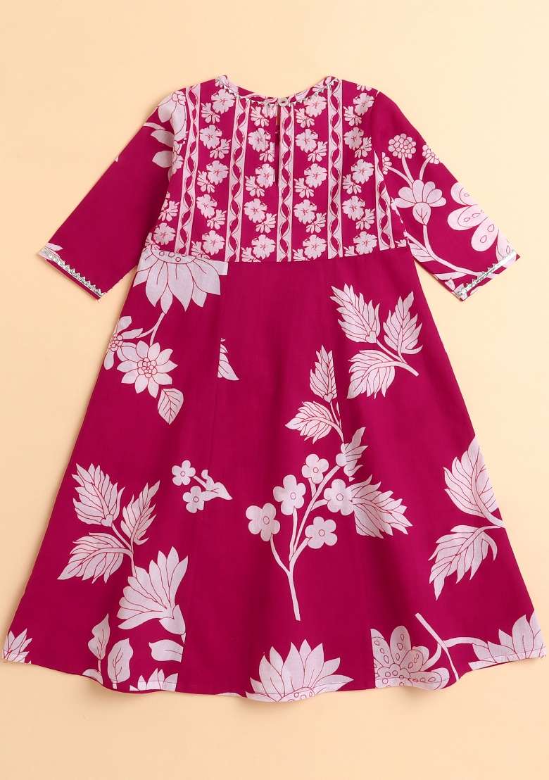 Fuchsia Embellished Cotton Kurta Set For Girls - Indya