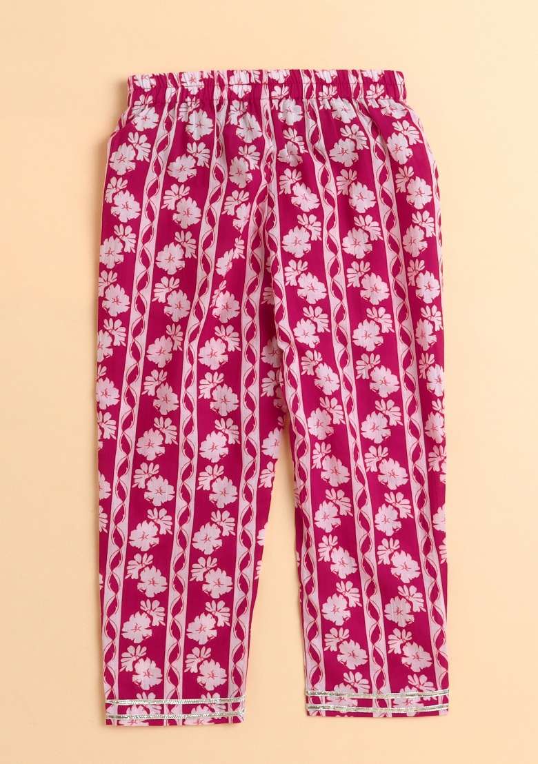 Fuchsia Embellished Cotton Kurta Set For Girls - Indya