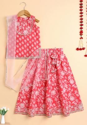 Peach Embellished Cotton Kurta Set For Girls