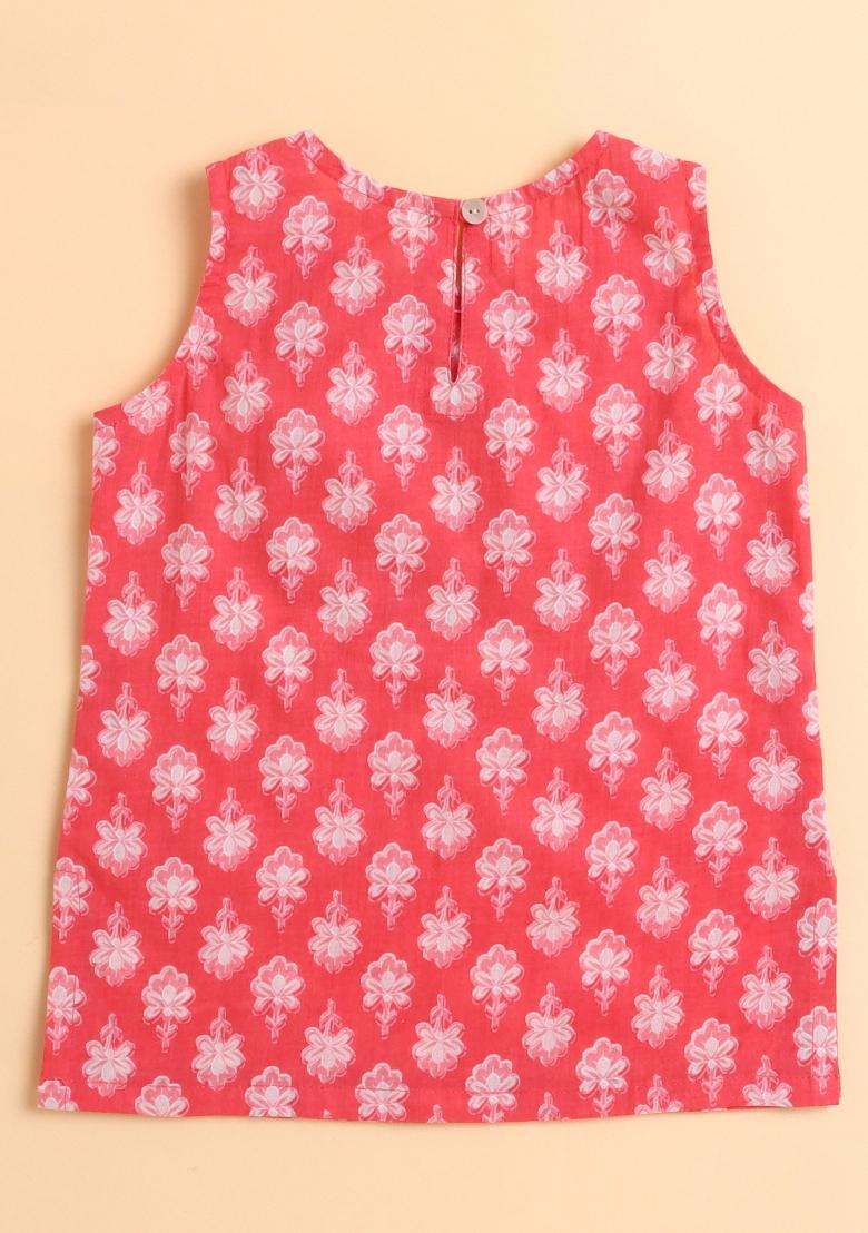 Peach Embellished Cotton Kurta Set For Girls - Indya