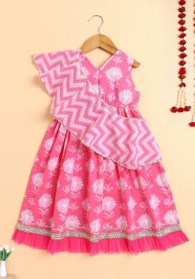 Pink Embellished Cotton Dress With Dupatta For Girls
