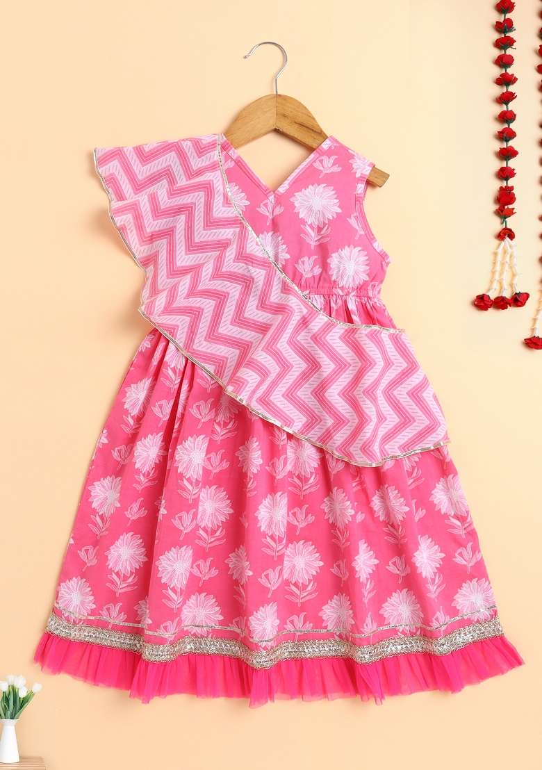 Pink Embellished Cotton Dress With Dupatta For Girls - Indya