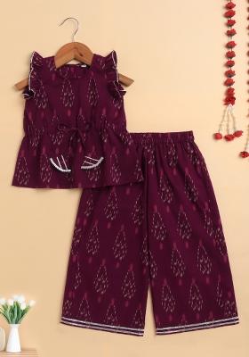Wine Printed Cotton Co Ord Set For Girls