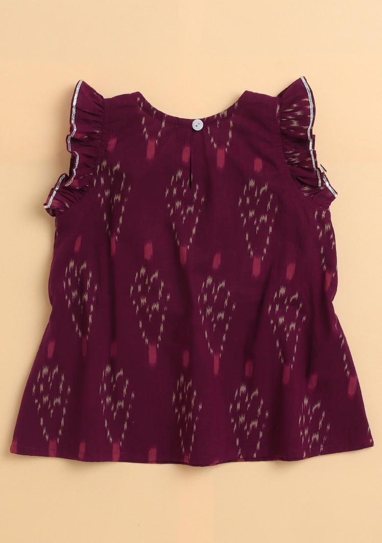 Wine Printed Cotton Co Ord Set For Girls - Indya