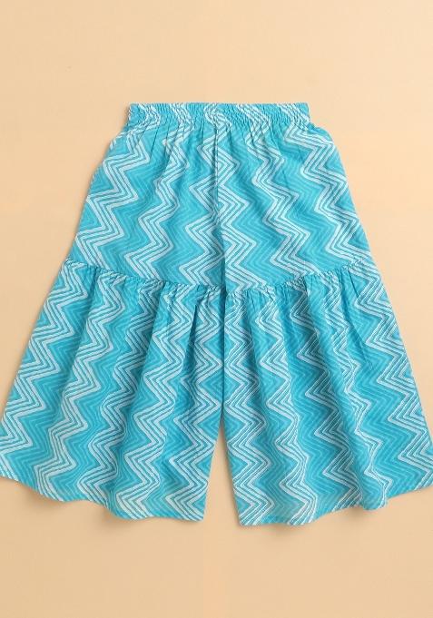 Blue Printed Cotton Kurta Set For Girls