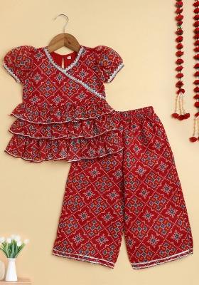 Red Printed Blended Co Ord Set For Girls