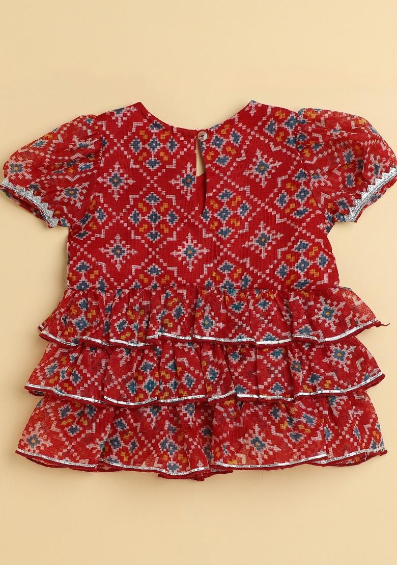 Red Printed Blended Co Ord Set For Girls - Indya