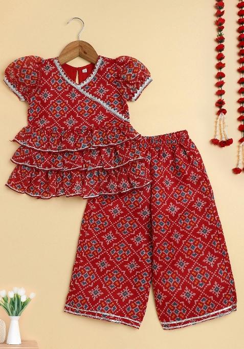 Red Printed Blended Co Ord Set For Girls
