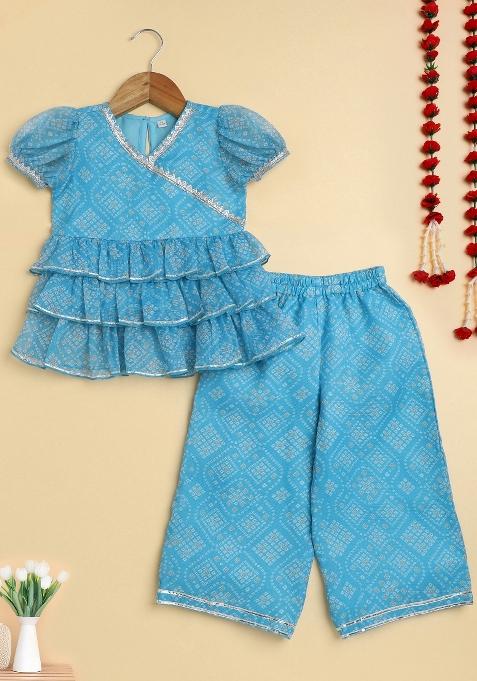 Blue Printed Blended Co Ord Set For Girls