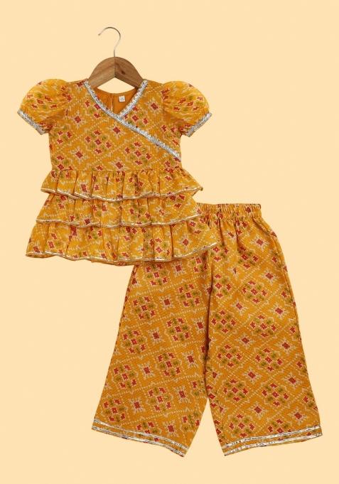 Yellow Printed Blended Co Ord Set For Girls