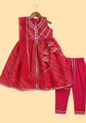 Fuchsia Printed Cotton Kurta Set For Girls