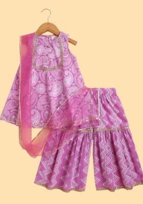 Lavender Printed Cotton Kurta Set For Girls