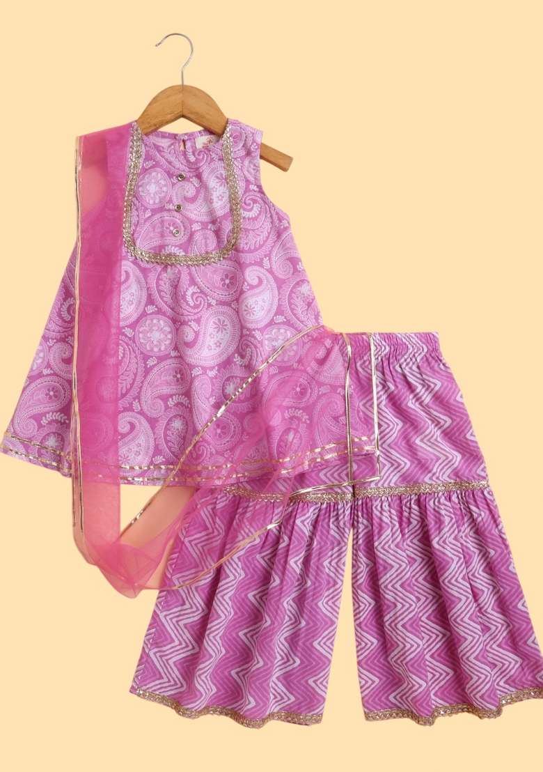 Lavender Printed Cotton Kurta Set For Girls - Indya