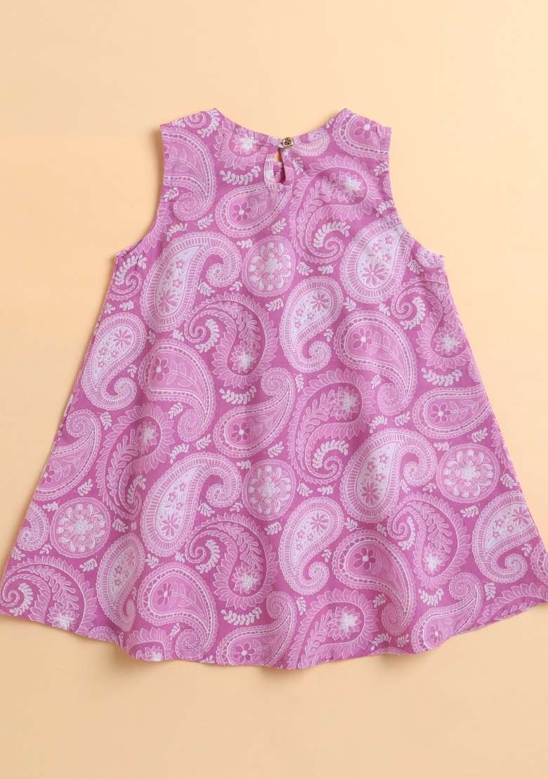 Lavender Printed Cotton Kurta Set For Girls - Indya