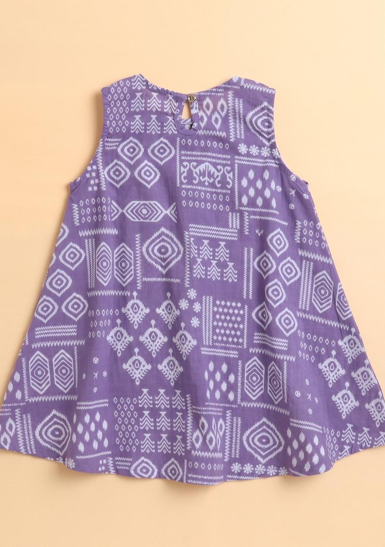 Purple Printed Cotton Kurta Set For Girls - Indya