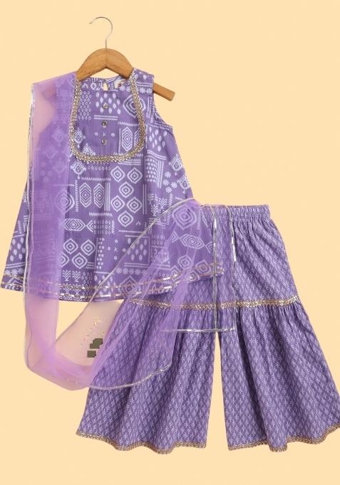 Purple Printed Cotton Kurta Set For Girls