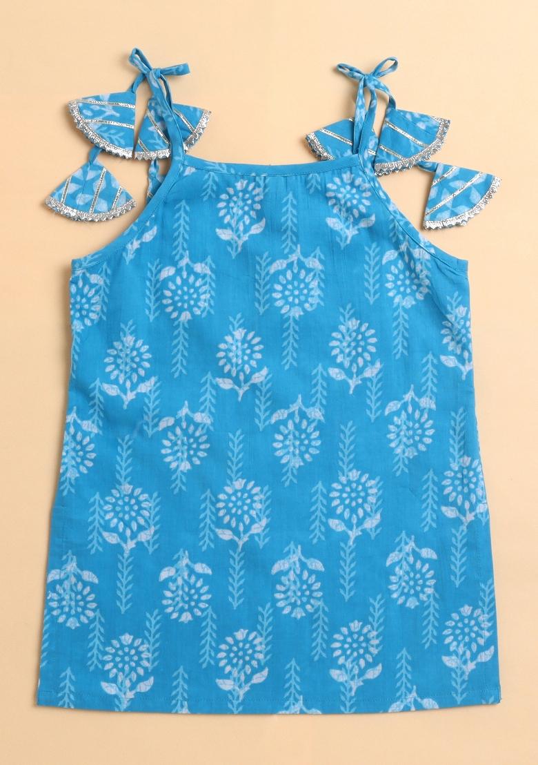 Blue Printed Cotton Kurta Set For Girls - Indya