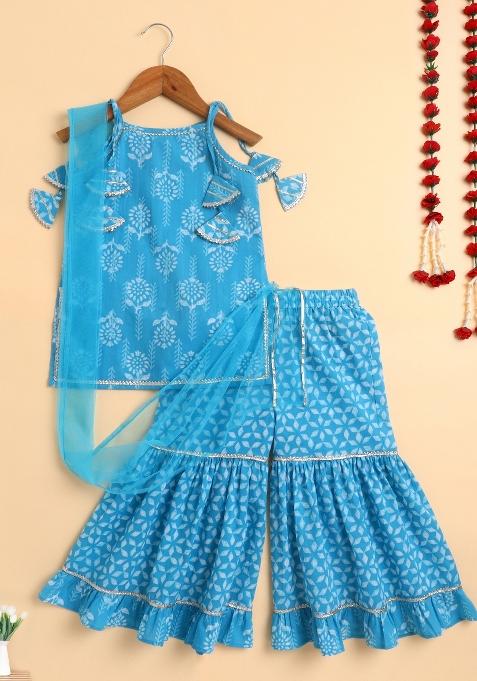 Blue Printed Cotton Kurta Set For Girls