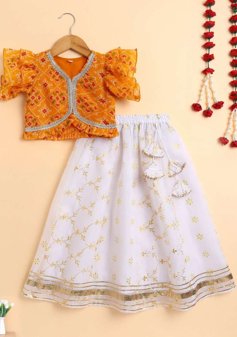 Yellow Printed Blended Lehenga Set For Girls - Indya