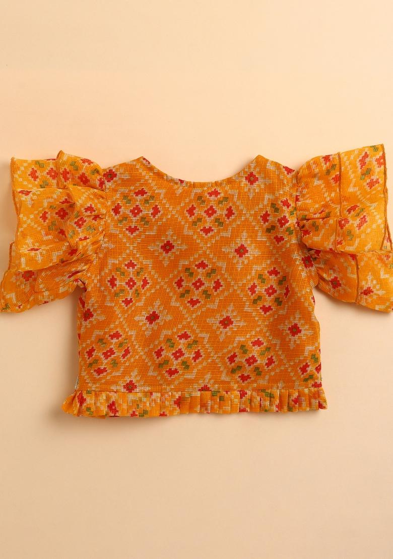 Yellow Printed Blended Lehenga Set For Girls - Indya