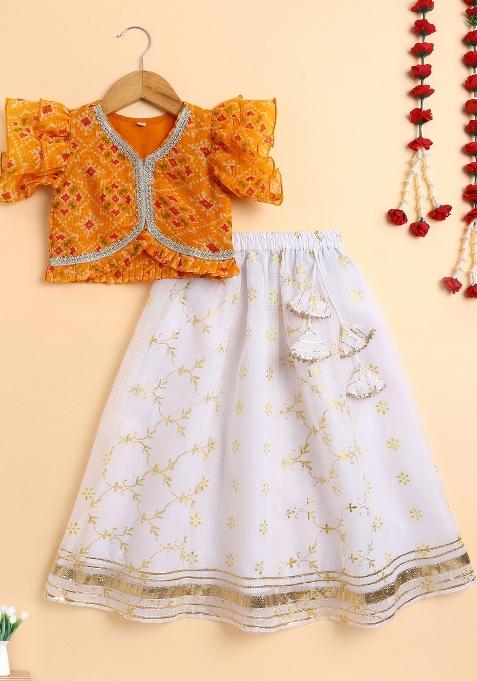 Yellow Printed Blended Lehenga Set For Girls