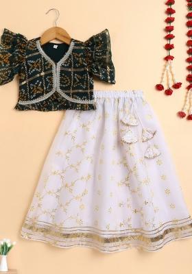Green Printed Blended Lehenga Set For Girls