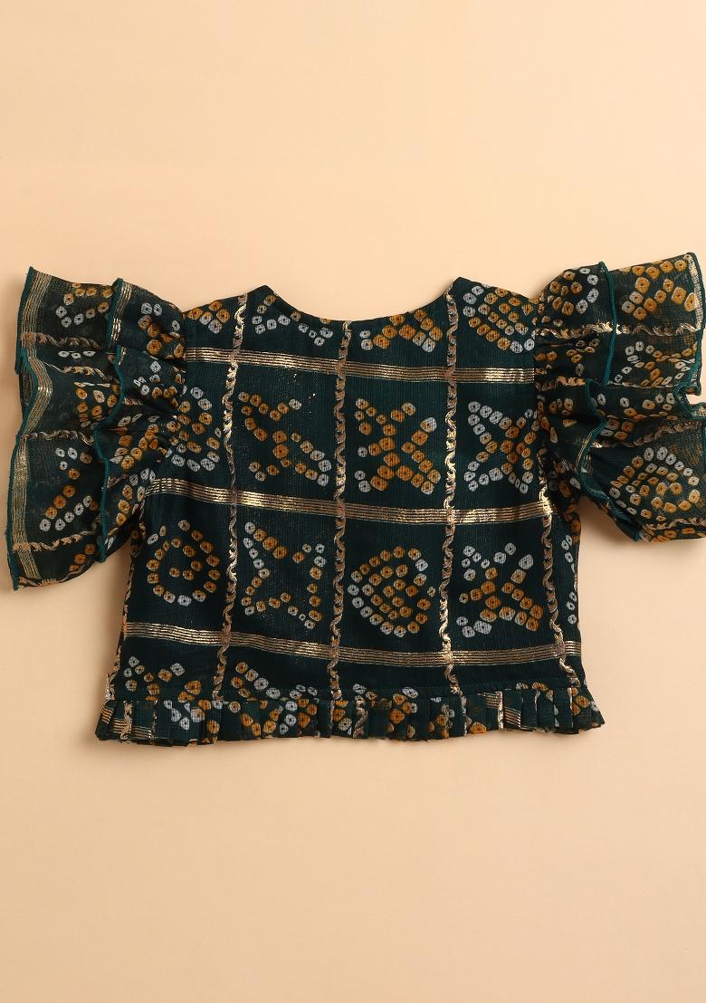 Green Printed Blended Lehenga Set For Girls - Indya