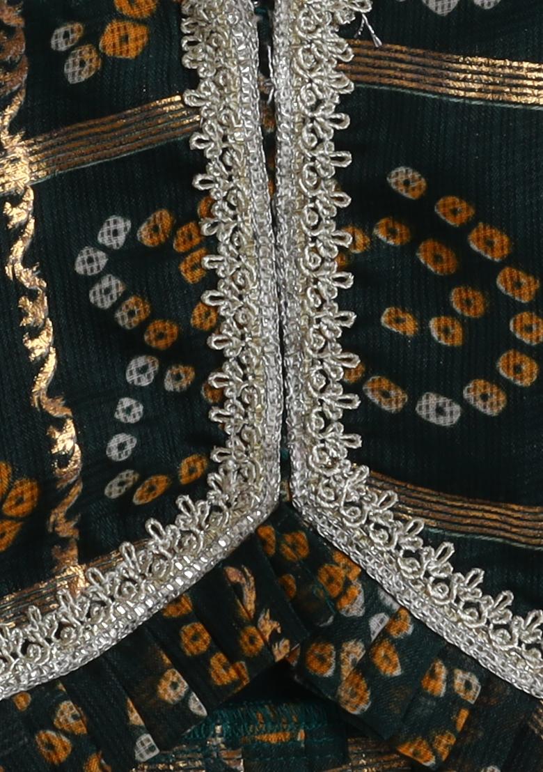 Green Printed Blended Lehenga Set For Girls - Indya