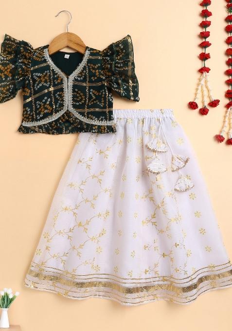 Green Printed Blended Lehenga Set For Girls