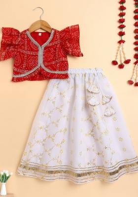 Red Printed Blended Lehenga Set For Girls
