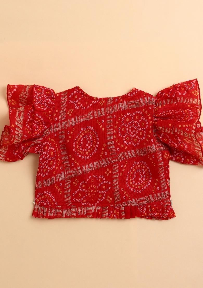 Red Printed Blended Lehenga Set For Girls - Indya