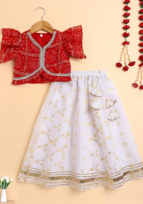 Red Printed Blended Lehenga Set For Girls