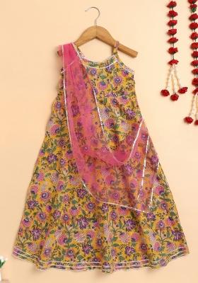 Yellow Printed Cotton Dress With Dupatta For Girls
