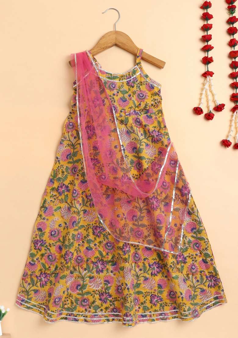 Yellow Printed Cotton Dress With Dupatta For Girls - Indya