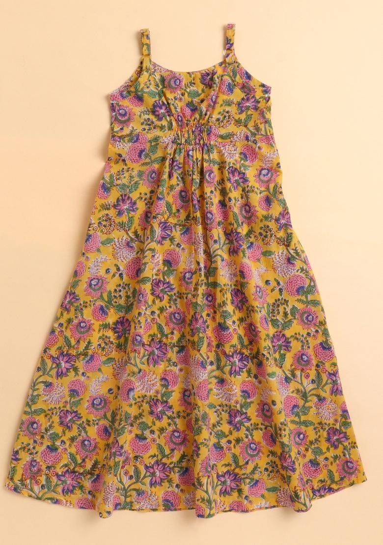 Yellow Printed Cotton Dress With Dupatta For Girls - Indya