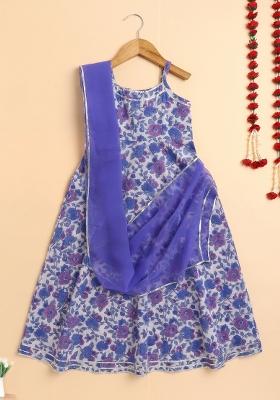 Blue Printed Cotton Dress With Dupatta For Girls