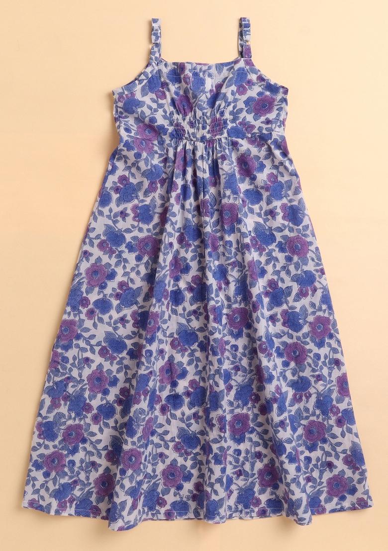 Blue Printed Cotton Dress With Dupatta For Girls - Indya