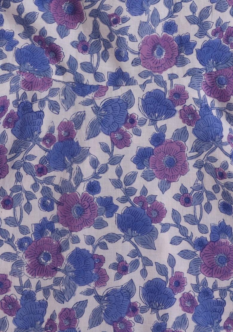 Blue Printed Cotton Dress With Dupatta For Girls - Indya