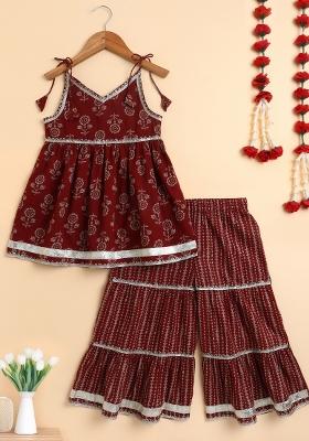 Maroon Printed Cotton Kurta Set For Girls