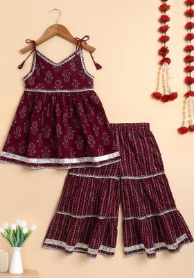 Violet Printed Cotton Kurta Set For Girls