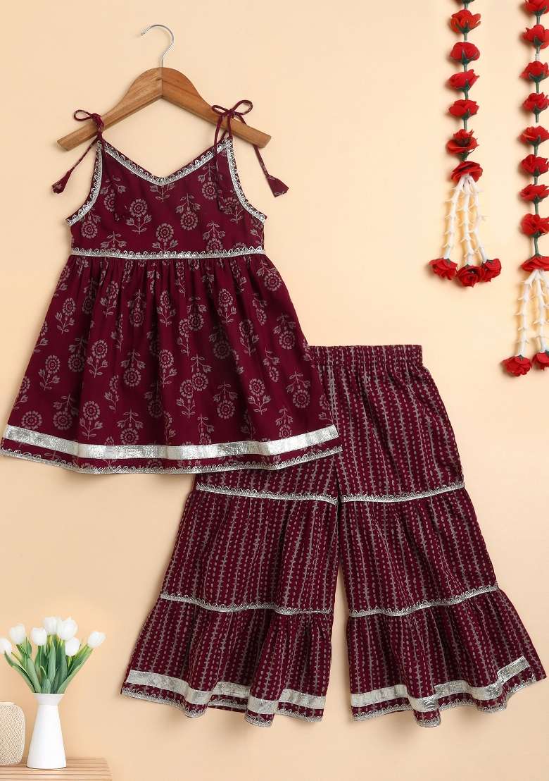Violet Printed Cotton Kurta Set For Girls - Indya