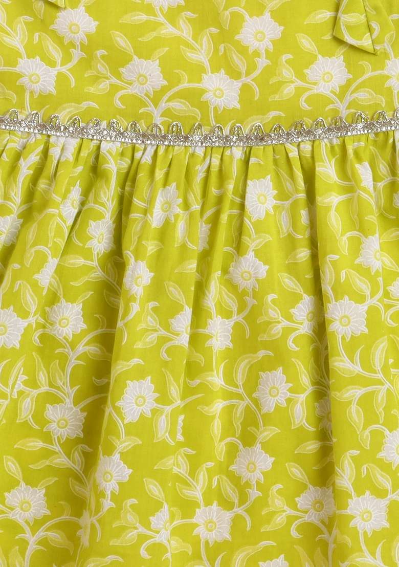 Green Printed Cotton Kurta Set For Girls - Indya